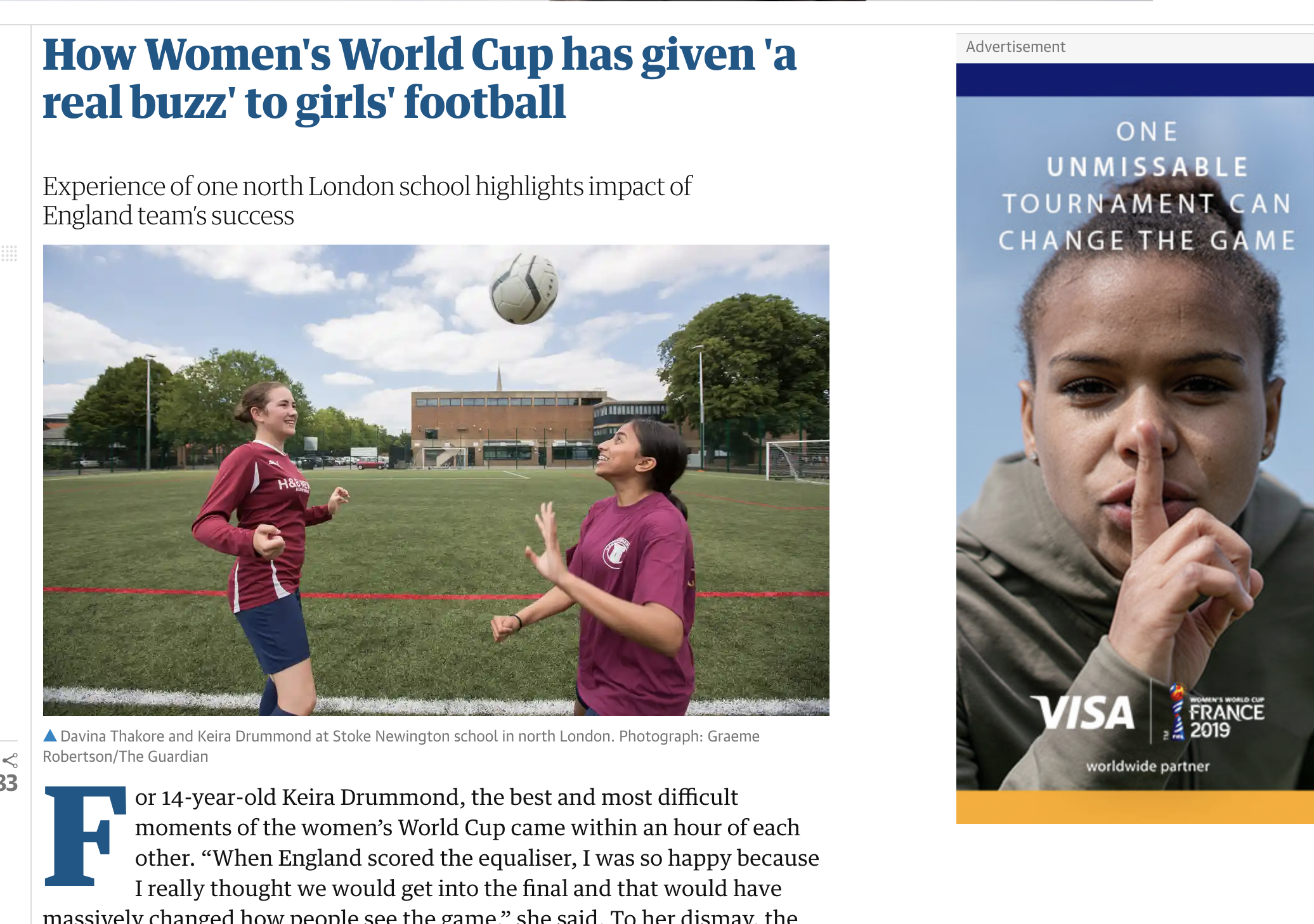 The Guardian: How Women’s World Cup has given ‘a real buzz’ to girls’ football